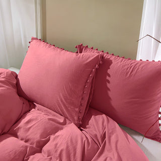 Juego de funda de edredón con flecos y pompones al tacto, ropa de cama suave y elegante con detalles divertidos