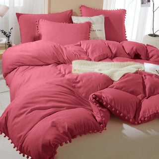 Juego de funda de edredón con flecos y pompones al tacto, ropa de cama suave y elegante con detalles divertidos